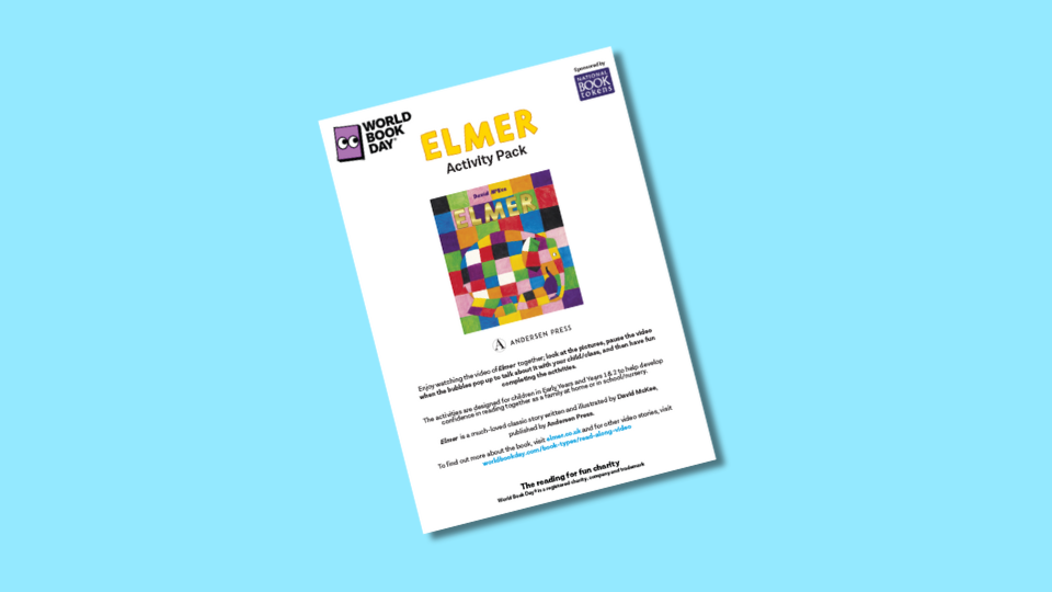 Elmer Activity Pack for World Book Day featuring a colourful patchwork elephant on the cover, set against a light blue background.