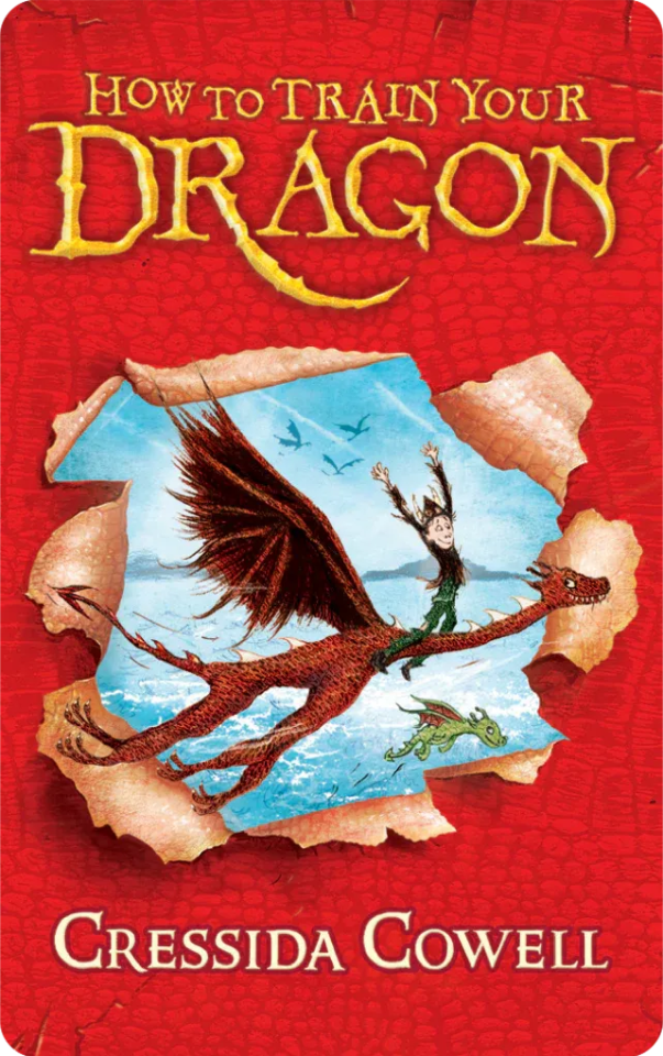 Book cover of "How to Train Your Dragon" by Cressida Cowell, featuring a dragon flying with a young character on its back, set against a torn paper effect on a red background.