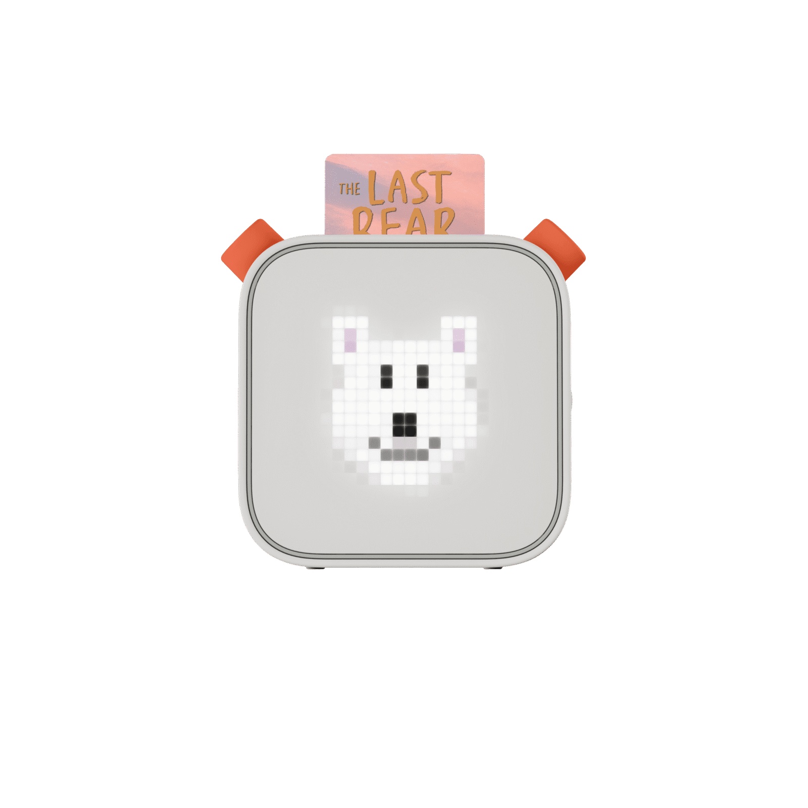 A white speaker with a pixelated bear face and a visible book titled "The Last Bear" inserted on top.
