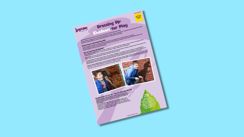 A flyer titled "Dressing Up: Shadows for Play" featuring two images of children dressed in costumes. The design includes purple text on a light background, with a small green triangle highlighting contact information.