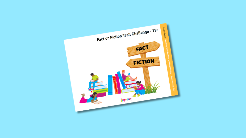 Illustration showing children reading books near a signpost labeled "Fact" and "Fiction" against a blue background.