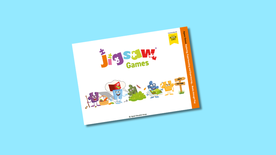 Cover of a game book titled "Jigsaw Games" featuring colourful cartoon characters with a cheerful theme on a light blue background.