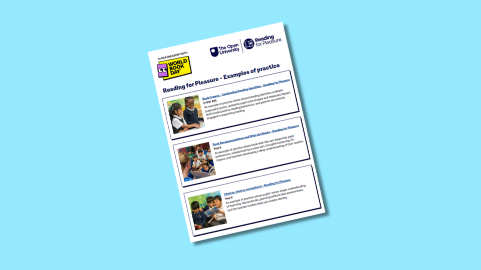 A leaflet titled "Reading for Pleasure - Examples of Practice" with three sections showcasing reading activities. Logos of World Book Day, The Open University, and Reading for Pleasure are at the top, set against a blue background.