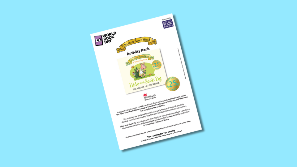 World Book Day activity pack cover featuring "Hide and Seek Pig" from the 'Tales from Acorn Wood' series, with playful illustrations of animals.