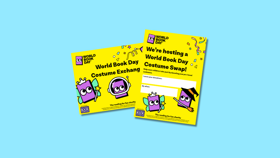 Two bright yellow posters promote World Book Day events, featuring cartoon book characters in costumes. One advertises a costume exchange, and the other invites participation in a costume swap. Colourful confetti adds a festive touch.