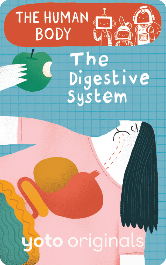 Illustrated cover showing a person lying down with internal digestive organs visible, holding an apple. Titled "The Human Body: The Digestive System" with cartoon robots and "yoto originals" text.