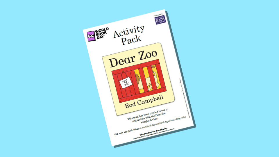Activity pack cover for "Dear Zoo" by Rod Campbell, featuring a red animal crate illustration. The pack is designed for World Book Day and encourages interactive learning.