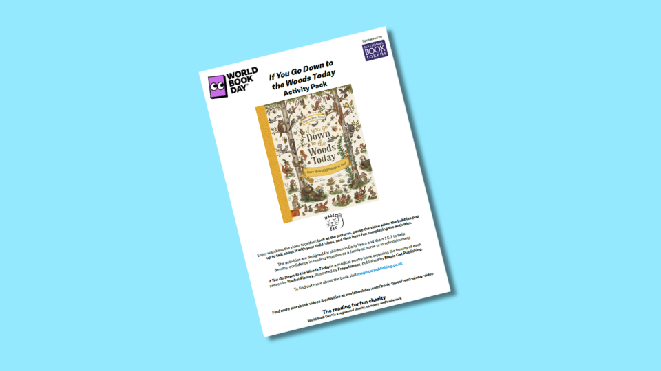 A World Book Day activity pack titled "If You Go Down to the Woods Today" is displayed, featuring an illustrated cover with woodland creatures and plants.