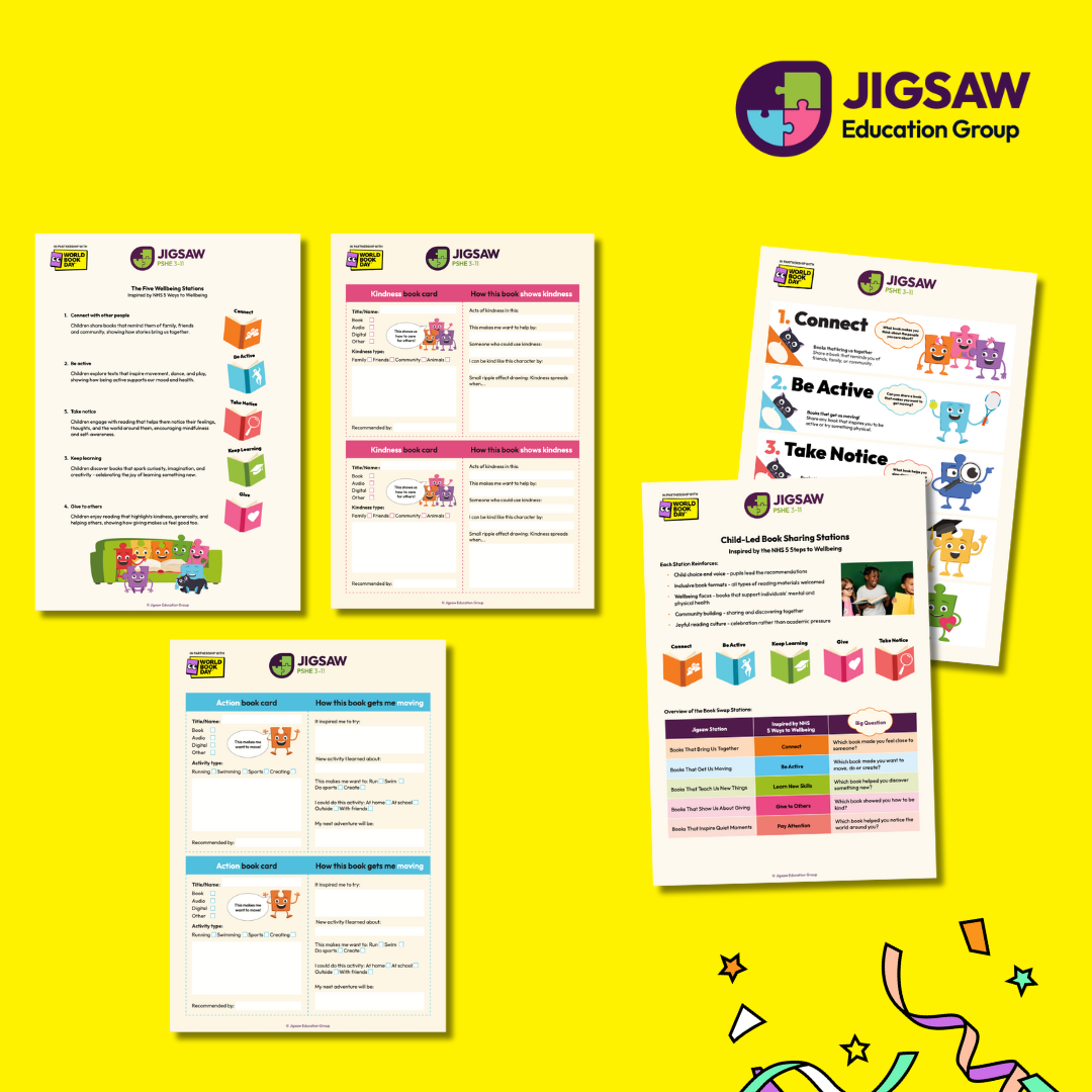 Educational resources from Jigsaw Education Group featuring colourful worksheets with activities about connection, activity, and awareness. The materials include text explanations and illustrations of animated characters, set against a bright yellow background.