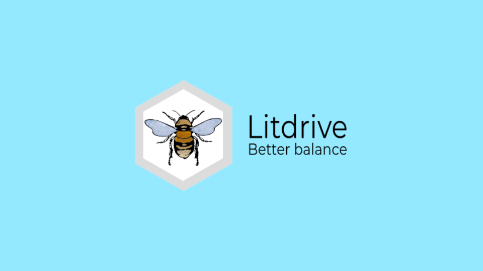 A bee inside a hexagon next to the words "Litdrive" and "Better balance" on a light blue background.