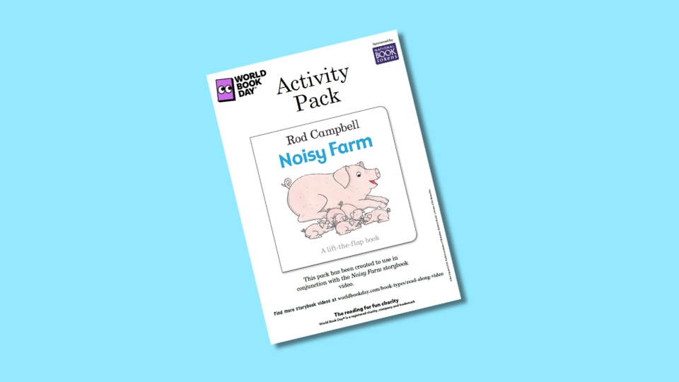 Cover of World Book Day Activity Pack featuring "Noisy Farm" by Rod Campbell, with an illustration of a pig and piglets.