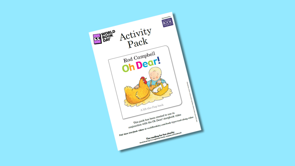 World Book Day activity pack cover featuring "Oh Dear!" by Rod Campbell. It shows an illustration of a child with a chicken on a blue background.