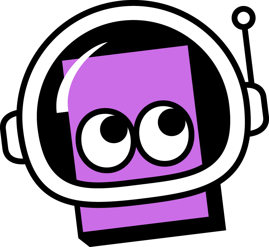 A purple robot with large, wide eyes is depicted inside a helmet-like border, set against a black background.