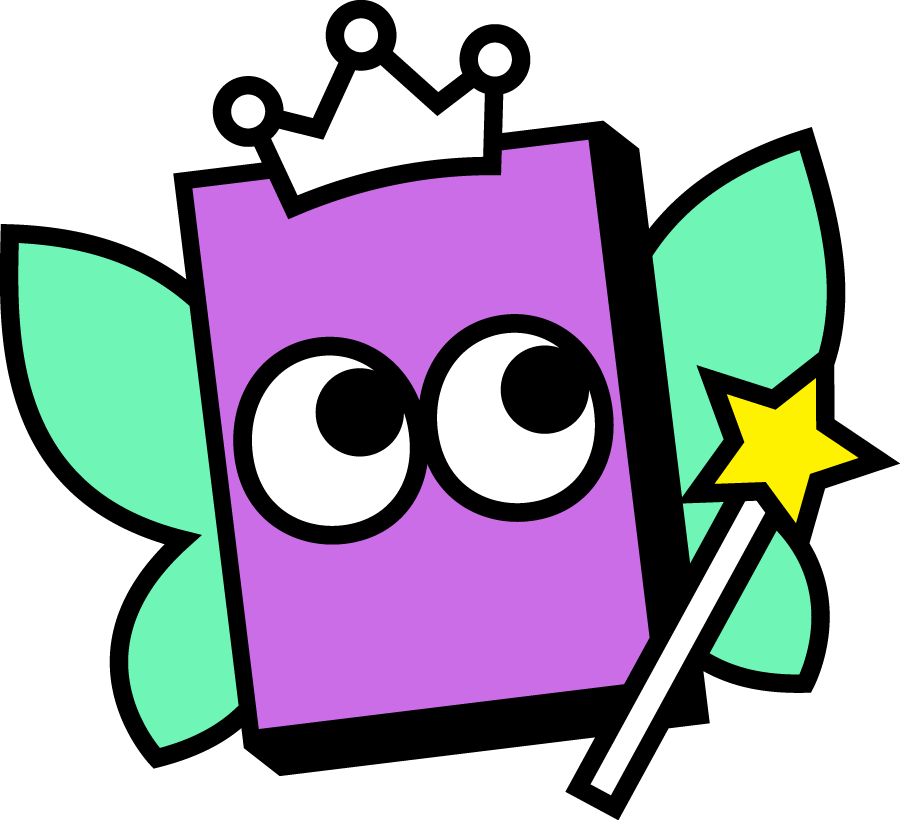 A whimsical illustration of a purple rectangle with big eyes, adorned with a crown and wings, holding a yellow star-tipped wand.