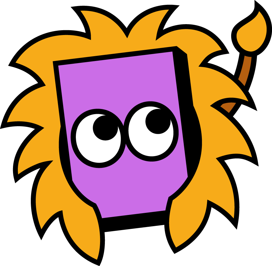A purple cartoon character with large eyes, surrounded by a mane of orange flames.