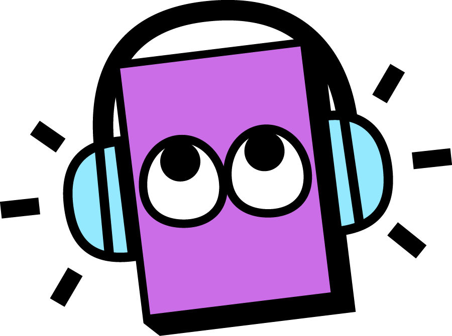 A cartoonish, purple rectangle with large, expressive eyes and light blue headphones on a black background.