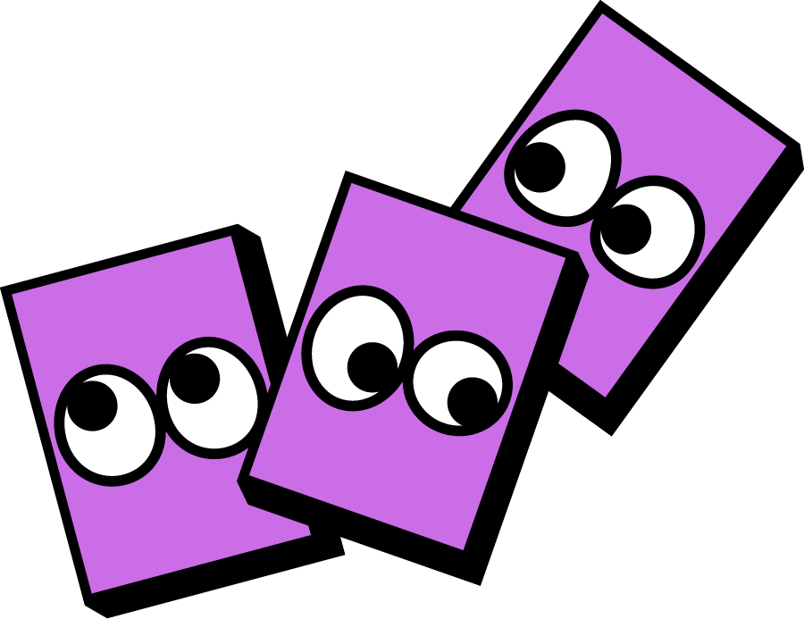 Three purple cartoon rectangles with large, curious eyes on a black background.