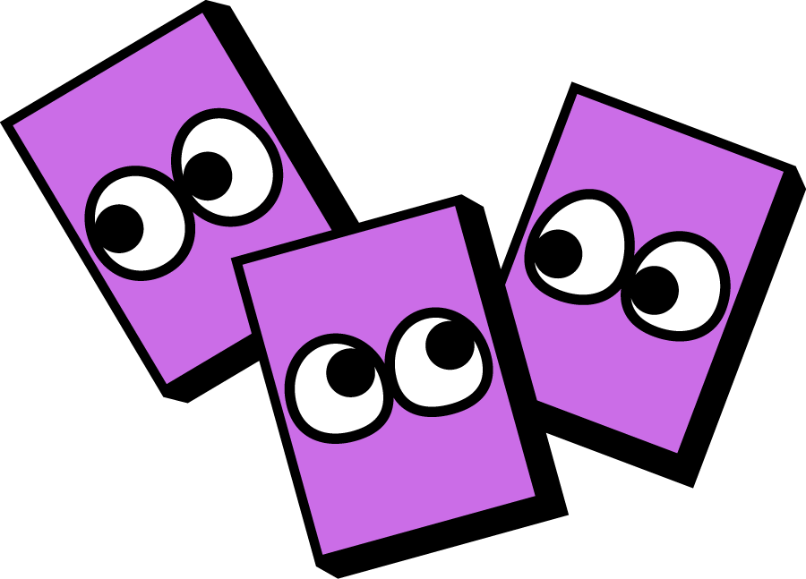 Three purple rectangles with large cartoon eyes on a black background, arranged in an overlapping pattern.