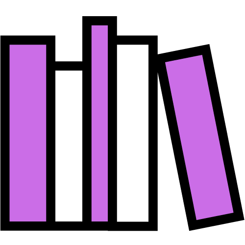 Four stylised, upright books; two coloured purple and two white, are arranged in a row. The books vary in height, and the last purple book is leaning against the others. The background is black, highlighting the colours.