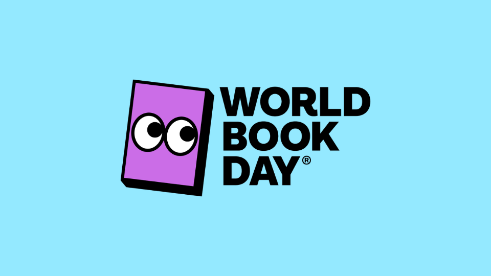 Purple book with cartoon eyes next to the text "World Book Day" on a light blue background.