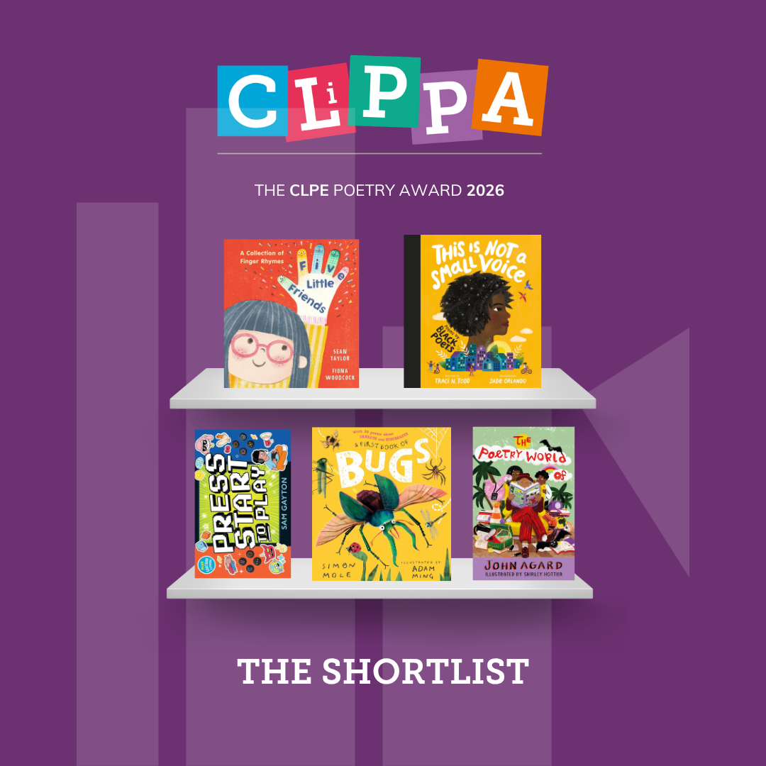 Books displayed on shelves against a purple background, featuring colourful covers. The text above reads "CLiPPA - The CLPE Poetry Award 2026." Below, "The Shortlist" is written.