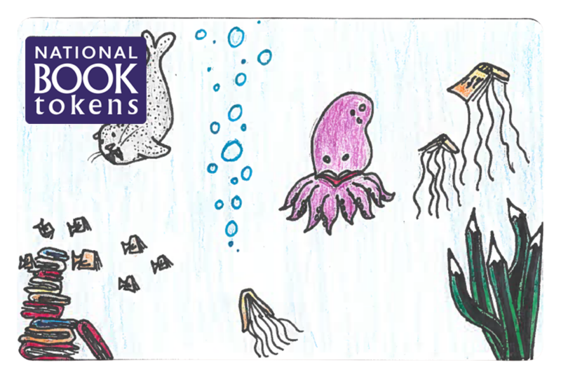 Drawing of underwater scene with an octopus, seal, jellyfish, and floating books. Coinciding bubbles and kelp add marine detail. Top left corner displays the National Book Tokens logo.