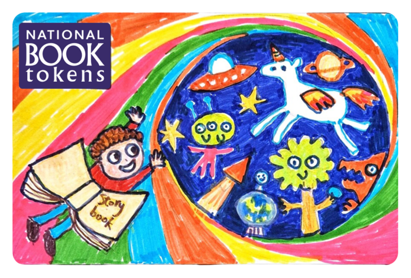 Colourful drawing of a child holding a storybook, with whimsical creatures like a unicorn and alien in a swirling cosmic scene.