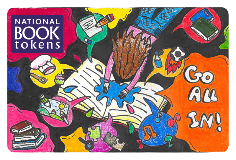 A vibrant illustration of a child surrounded by colourful books and thought bubbles, with the text "Go all in!" A "National Book Tokens" logo is in the top left corner.