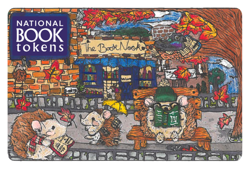 Illustration of hedgehogs reading outside a bookshop named "The Book Nook" on a colourful autumn day, surrounded by falling leaves and a tree. A large book token logo is in the top left corner.