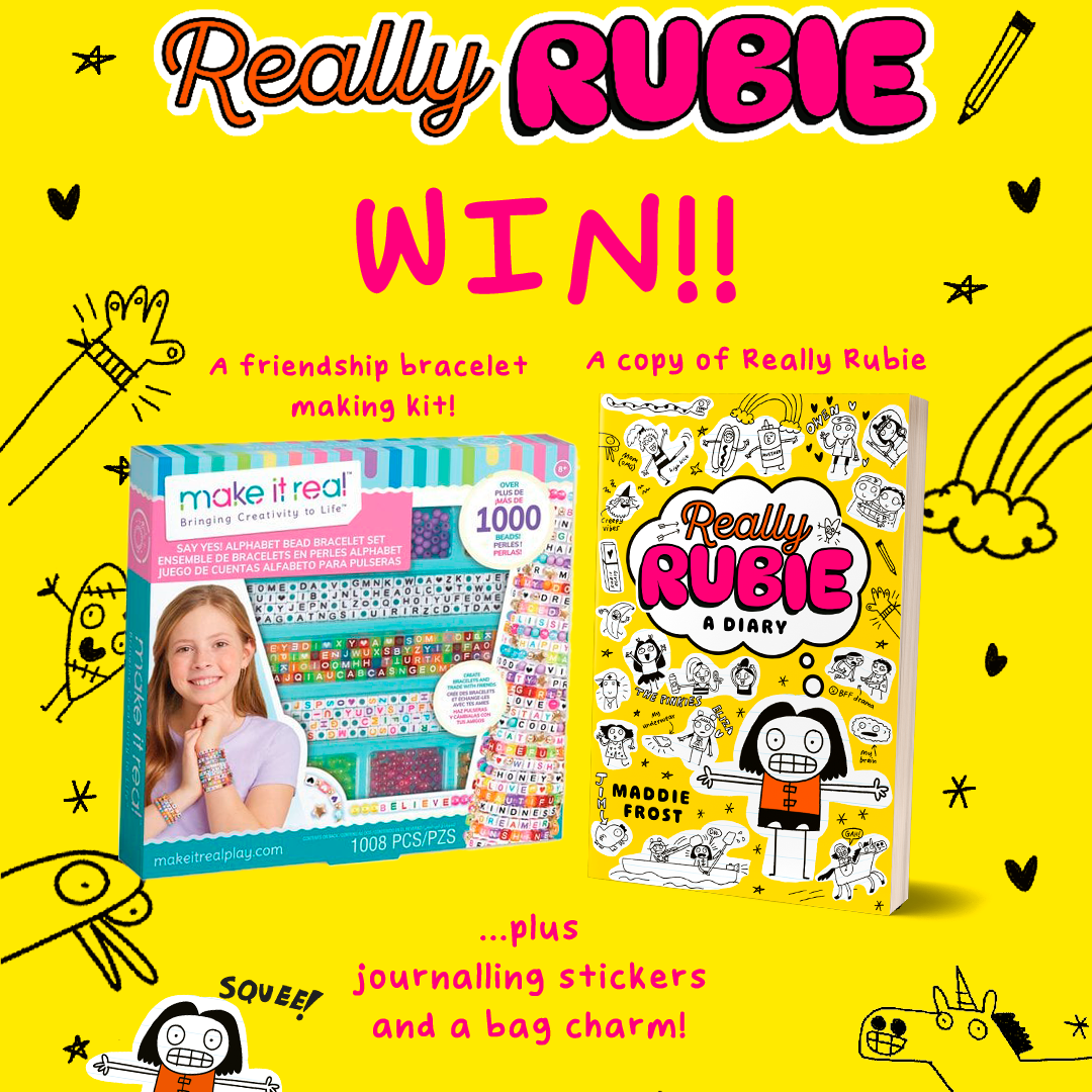 Giveaway advertisement featuring a friendship bracelet kit, the book "Really Rubie", journalling stickers, and a bag charm against a bright yellow background with doodles.